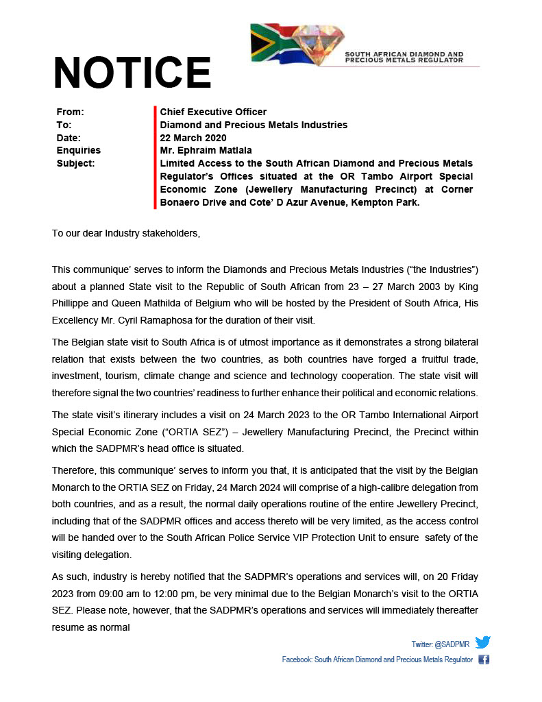 Diamond Trade President Cyril Ramaphosa hosts Majesty King Philippe and her Majesty Queen Mathilda of Kingdom of Belgium, 20 Mar