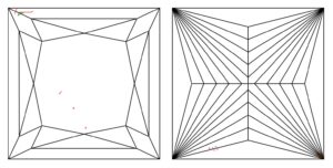 Unlike round brilliant diamonds, princess cut diamonds have a step-cut pavilion, meaning the lower portion of the diamond is comprised of parallel facets that create a staircase-like appearance from the side.