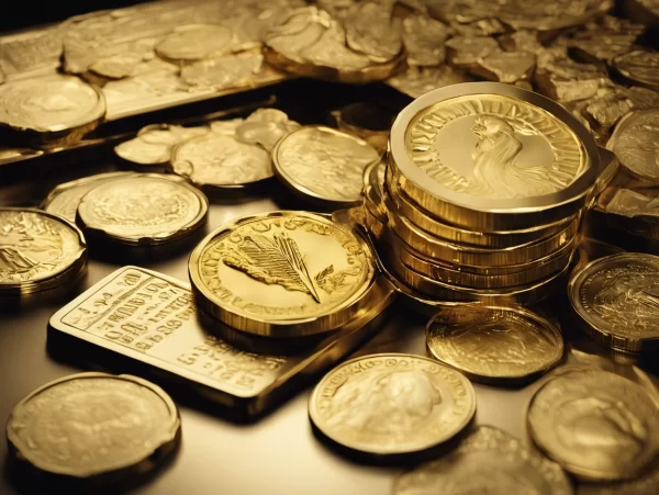 gold or silver in bulk before coining, or valued by weight. "gold bullion"