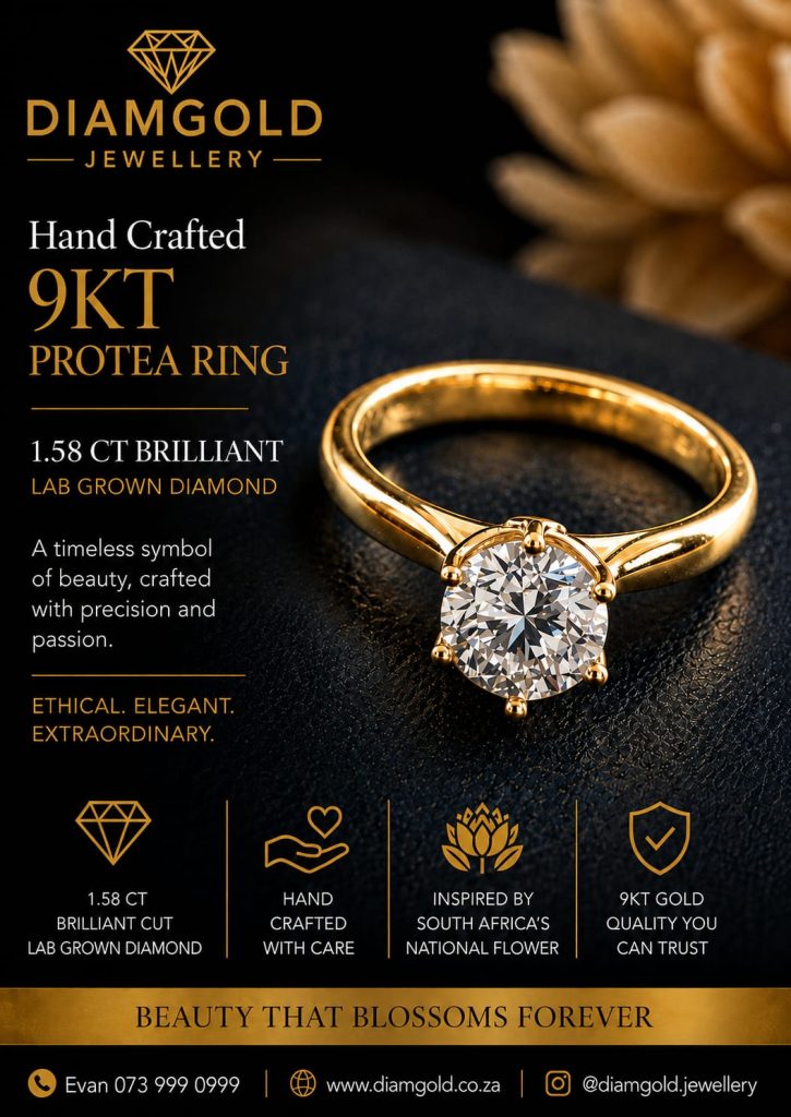 DiamGold Jewellery hand-crafted 9kt gold Protea ring featuring a 1.58 ct brilliant lab-grown diamond.
