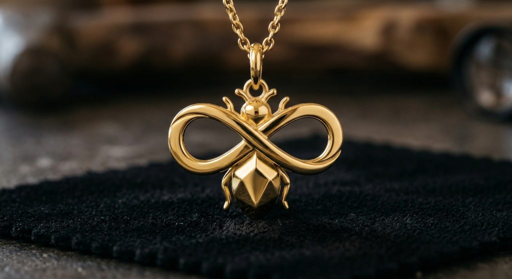 The Infinity-Bee Pendant in 22Kt solid yellow gold featuring stylized infinity loop wings and a bezel-set brilliant round diamond as the bee torso, resting on a black velvet surface.
