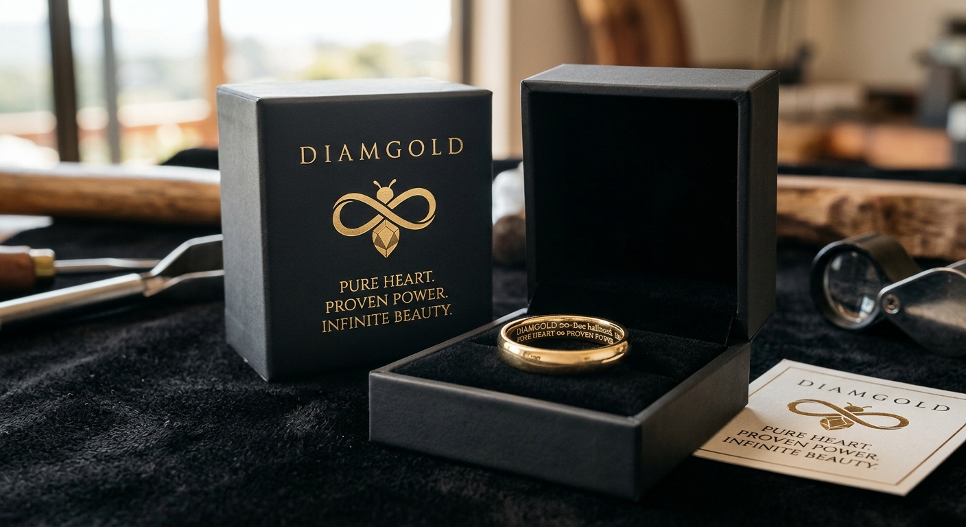 Luxury Diamgold jewelry gift box set with gold embossed infinity-bee logo, Pure Heart Proven Power Infinite Beauty slogan, custom engraved gold band ring, and certificate card on a jeweler workbench.